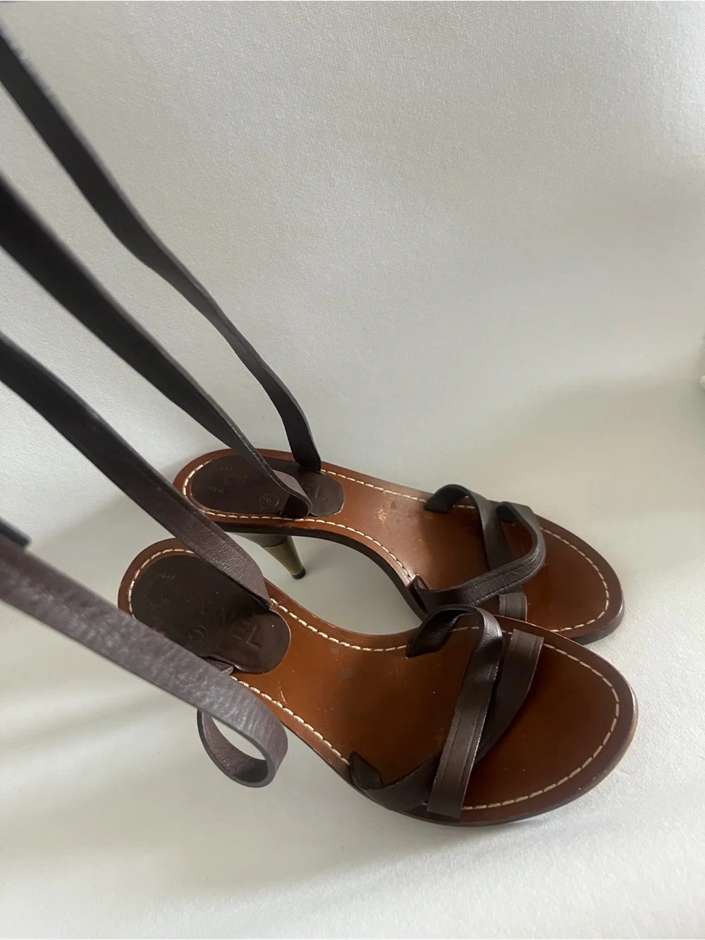 Chanel Brown Strappy Ankle-Wrap Heeled Sandals